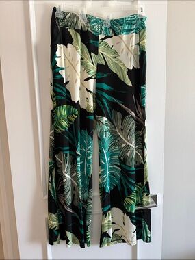 Wide Leg Tropical Print Pants - Black & Green Elastic Waist w 2Pockets New